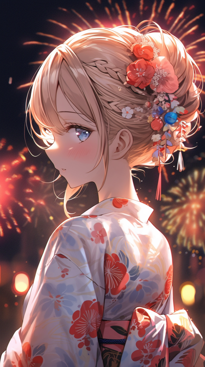 夏日祭典, 少女, 和服, 烟花 #mj# #ai绘画# #壁纸# #动漫壁纸# #手机