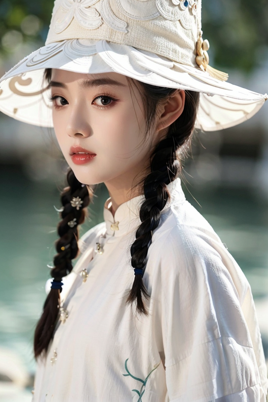 民国风清纯美丽女孩写真,国潮汉服美少女摄影艺术照,烈焰红唇,大眼睛