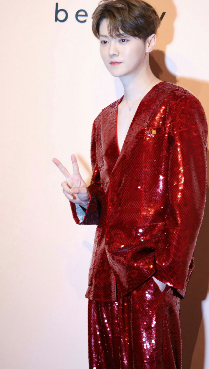 鹿晗红色亮片真空西装造型亮相 对镜头比耶少年感满满#鹿晗红色亮片