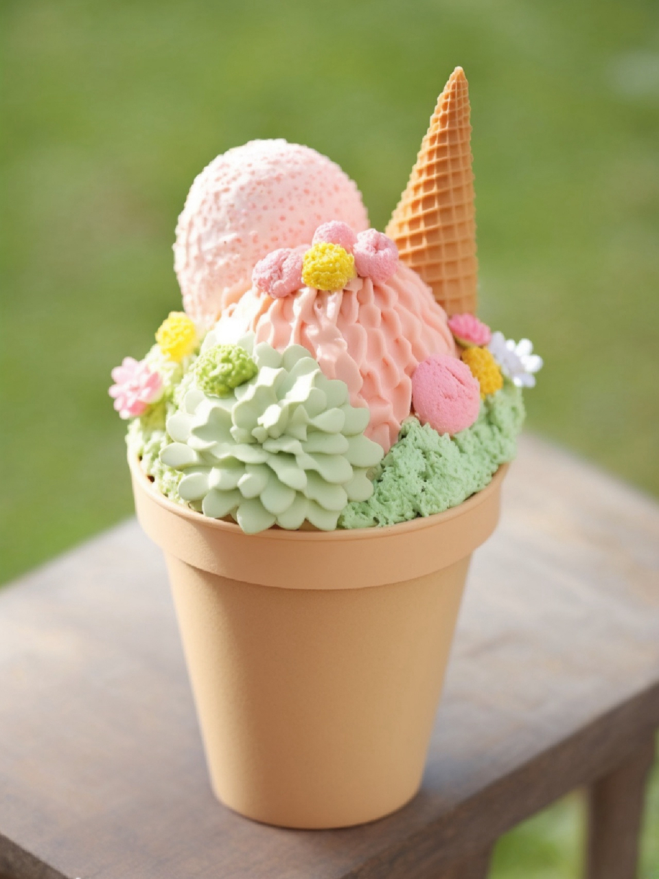 开心果冰淇淋 阳光下奶呼呼的,被鲜花包裹着