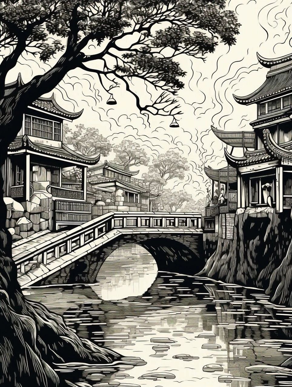 黑白木刻版画风景简单图片