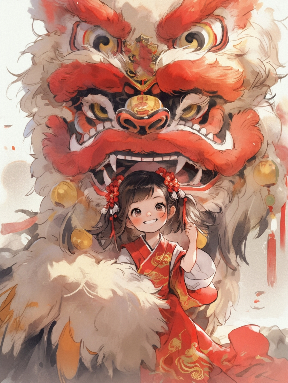 女孩与醒狮系列  继续尝试可爱的中国风插画的输出