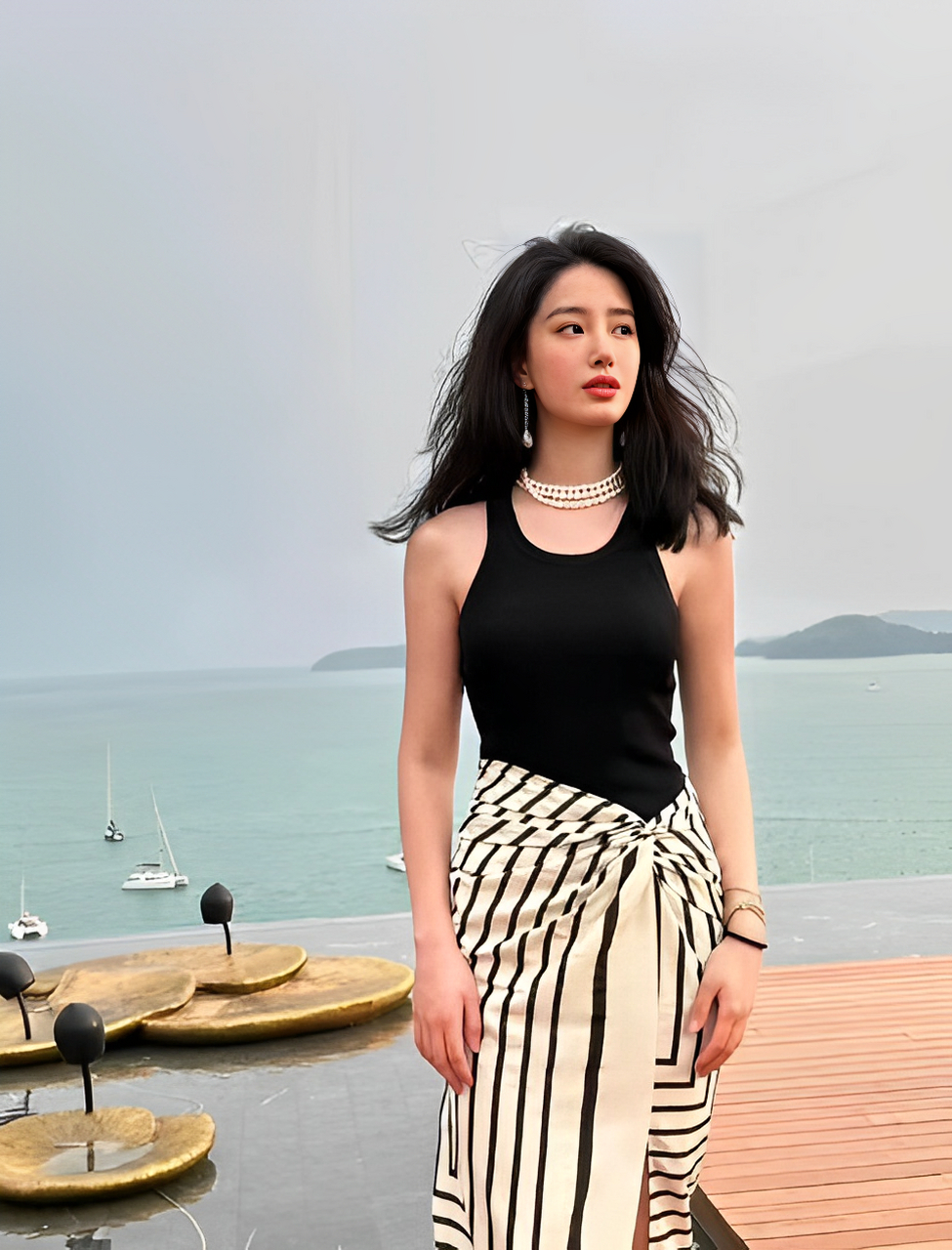 杨采钰穿了这条假两件套条纹裙,复古时尚,上身是黑色修身领背心设计