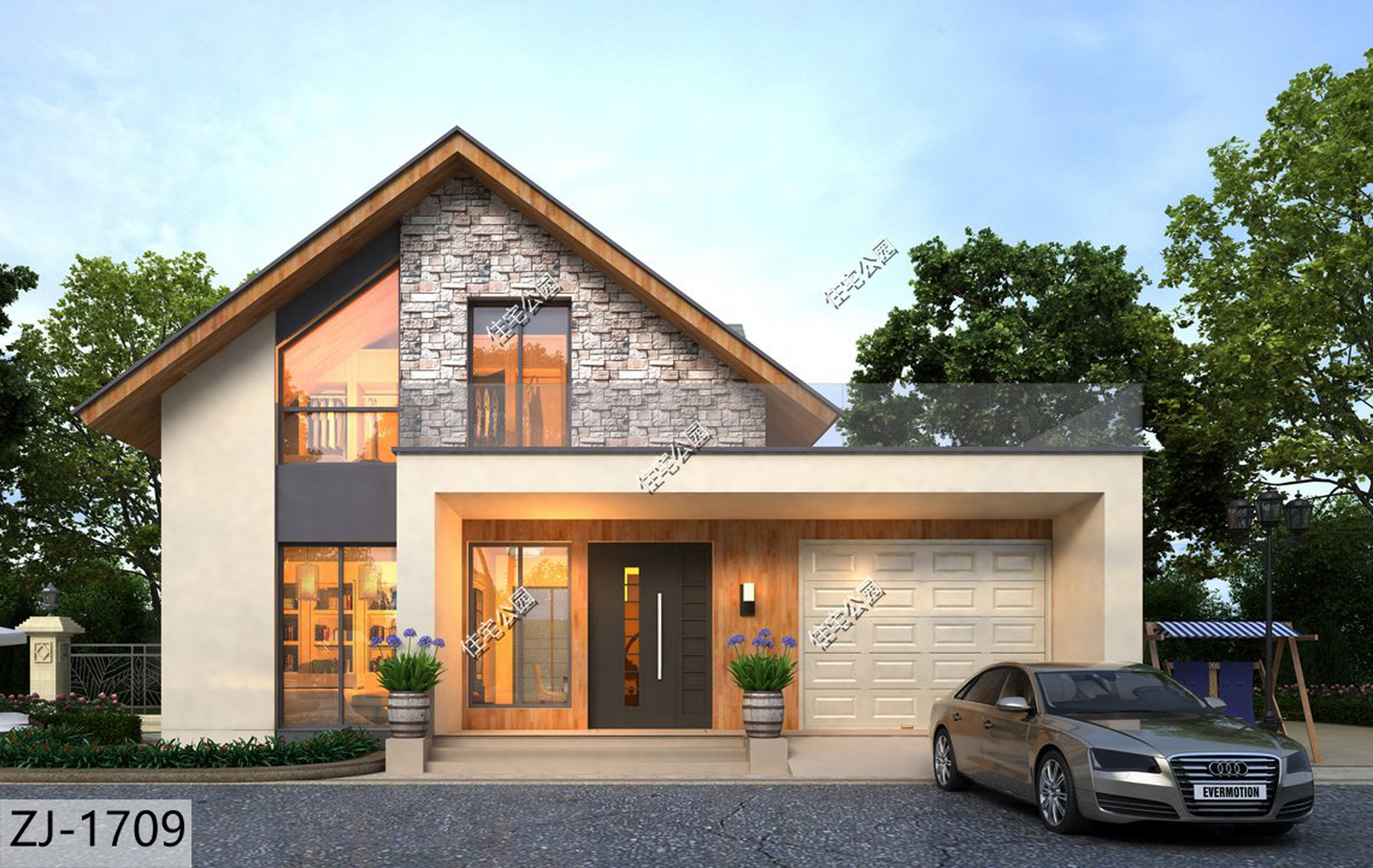 美式风格的房子,现在在农村也非常流行,外观造型别具一格,配色明艳