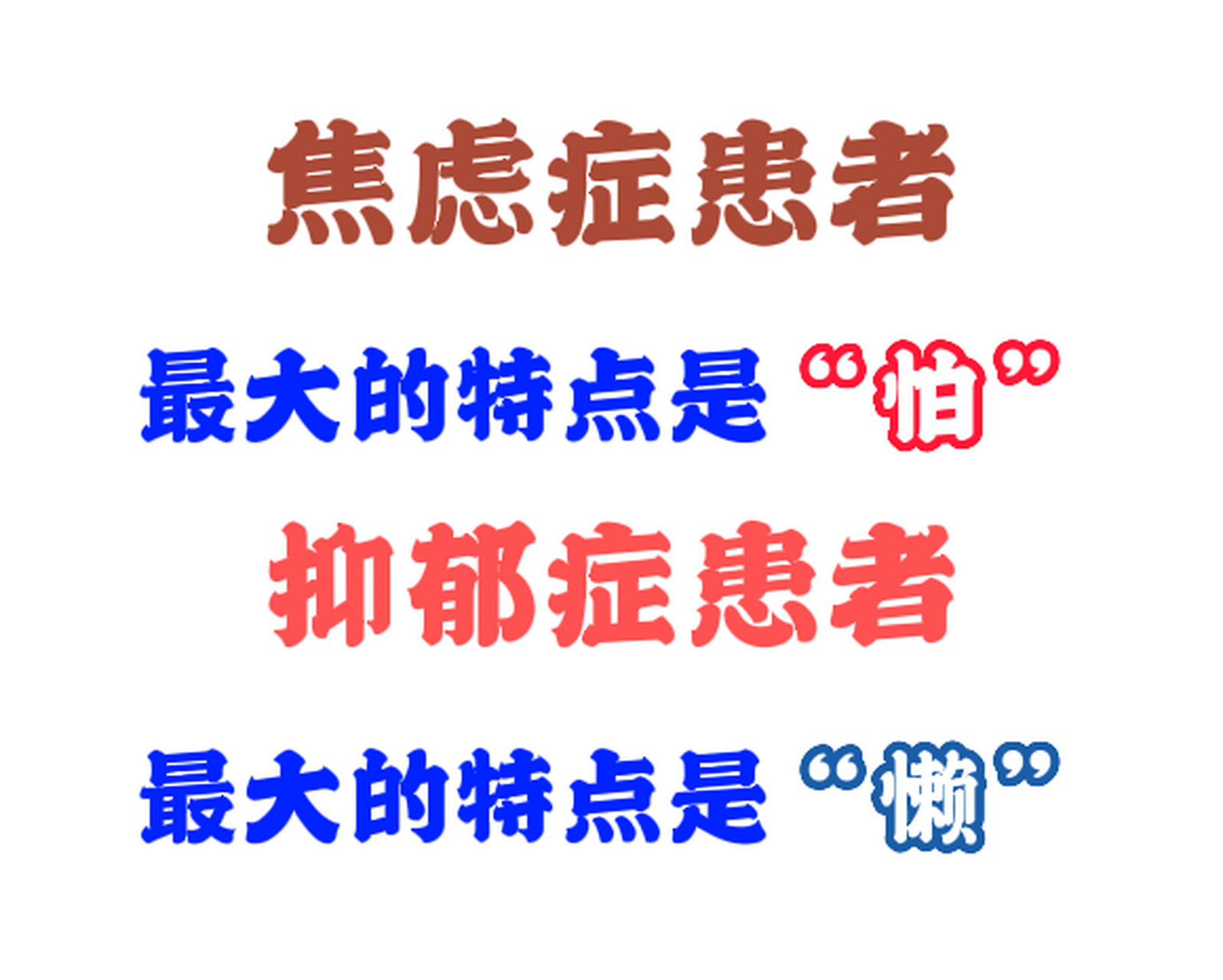 焦虑症患者最大的特点是"怕"(怕生病,怕死亡,怕各种不好事情发生),而