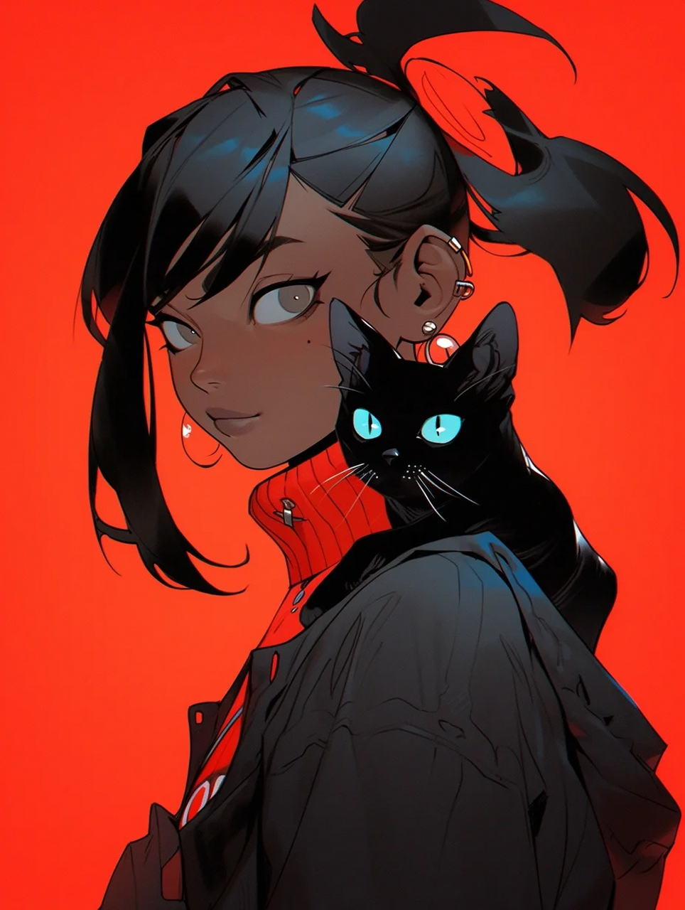 midjourney | 潮酷女孩和貓 cool girl and a black cat, anime