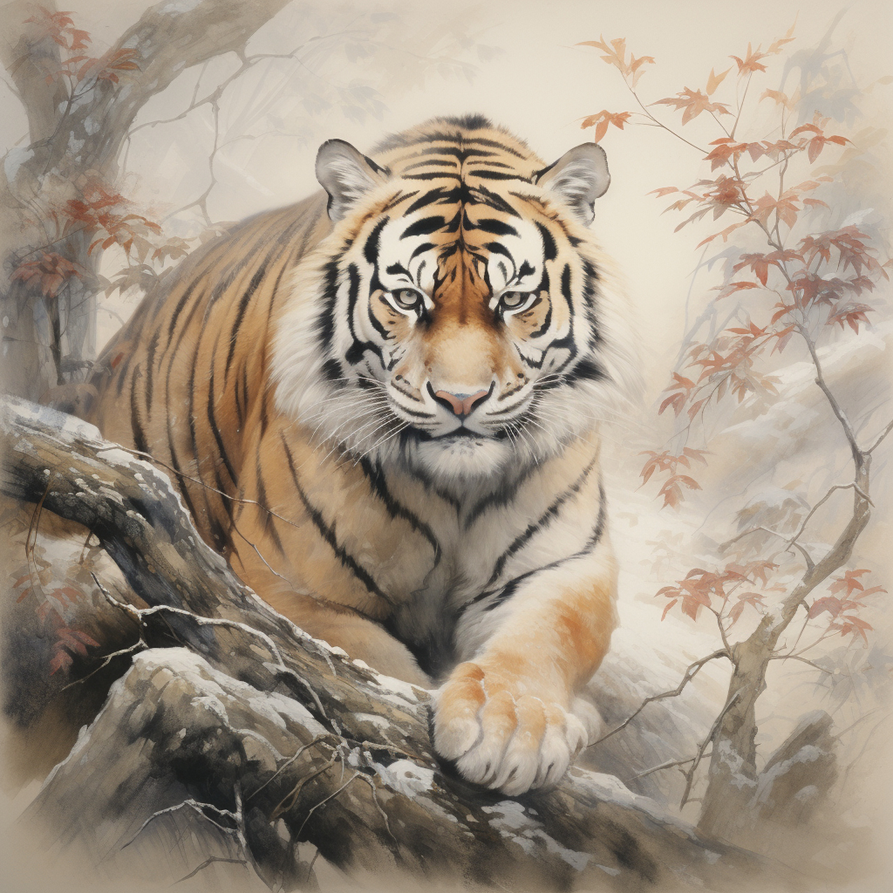 ai作图分享,国庆快乐 prompt: 东北虎,一种懒散的状态,中国画家王建辉