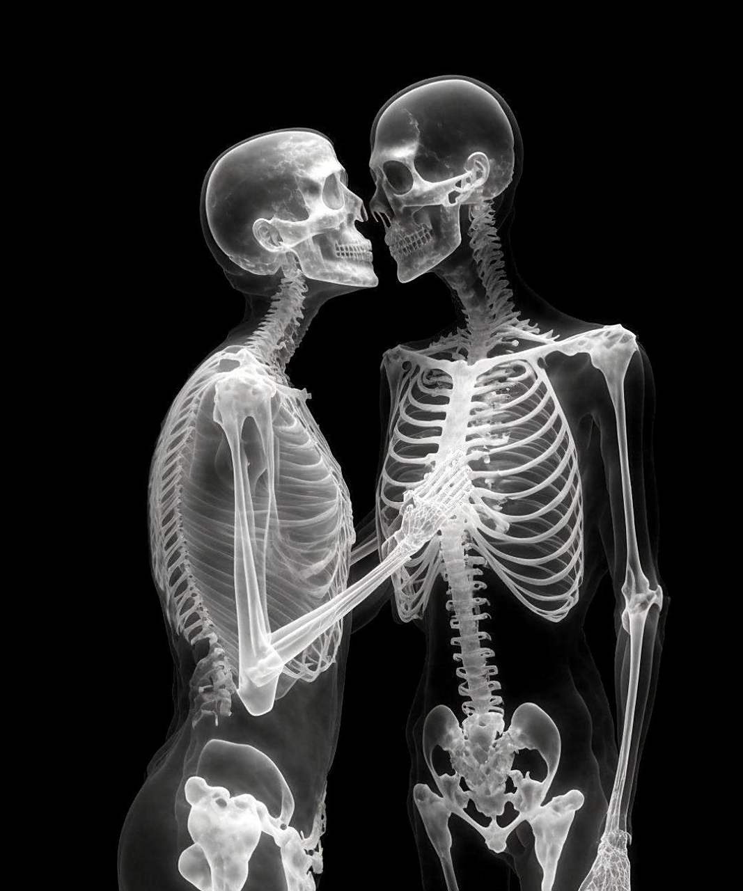 一张接吻情侣的x光照片呈现出明显的骨骼结构.