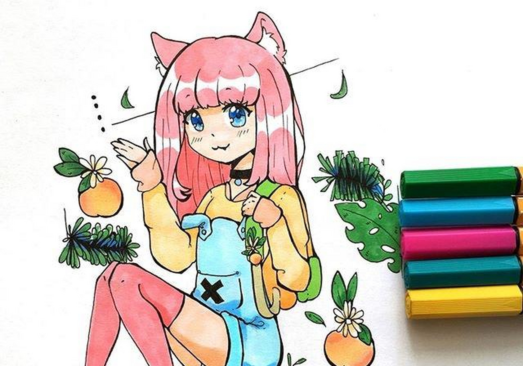 马克笔手绘,可爱的卡通女孩子,好喜欢啊[赞同]