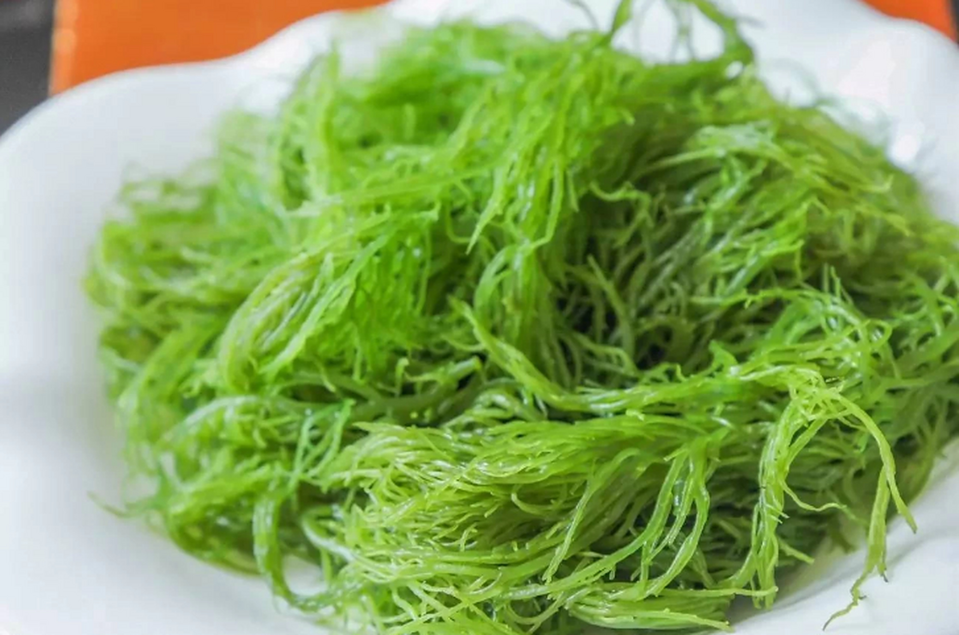 龙须菜又叫石发,是一种野生名菜,它的别名还有柳丝,龙须草,菊花菜