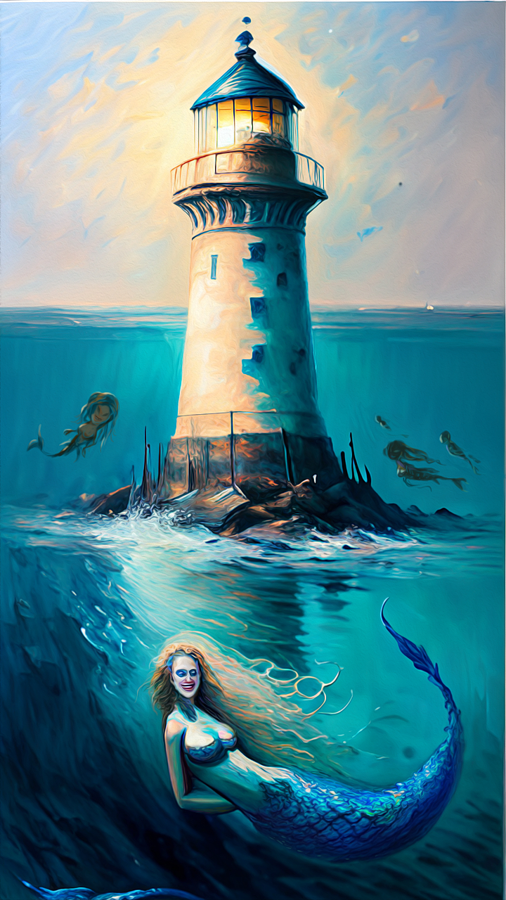 文心一格创意了几幅插画,画几头美人鱼,在大海里自由自在地游水.