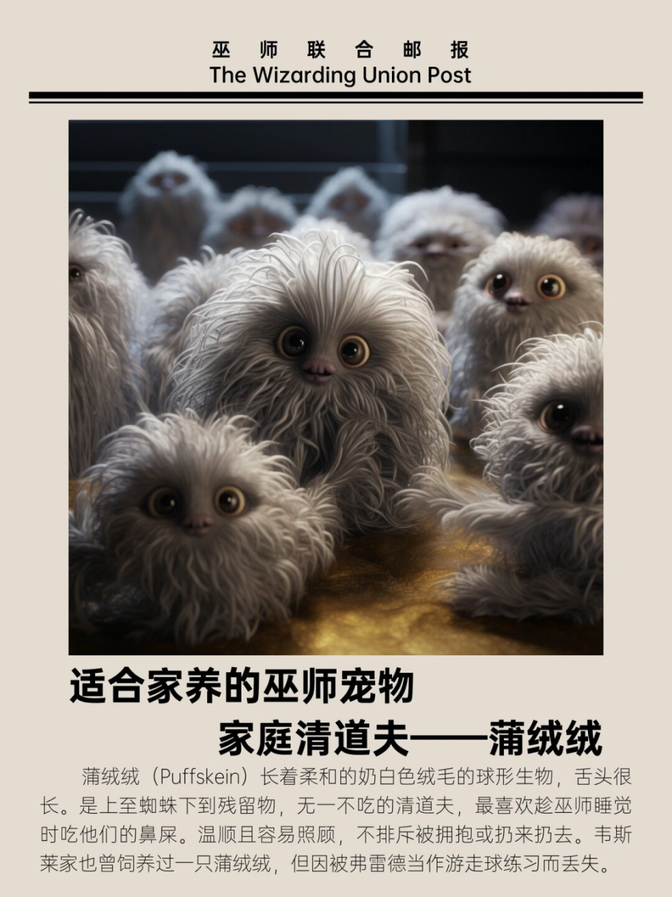 巫师流行家养宠物-蒲绒绒  蒲绒绒是一种奶白色的球形生物,身上长满了