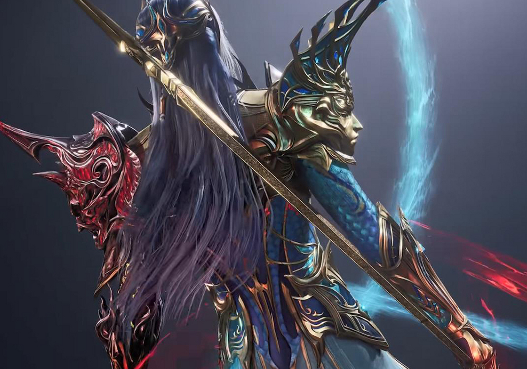 唐三双神共存神装造型,红蓝配色,手执两大神器,被染红的海神八翼有点