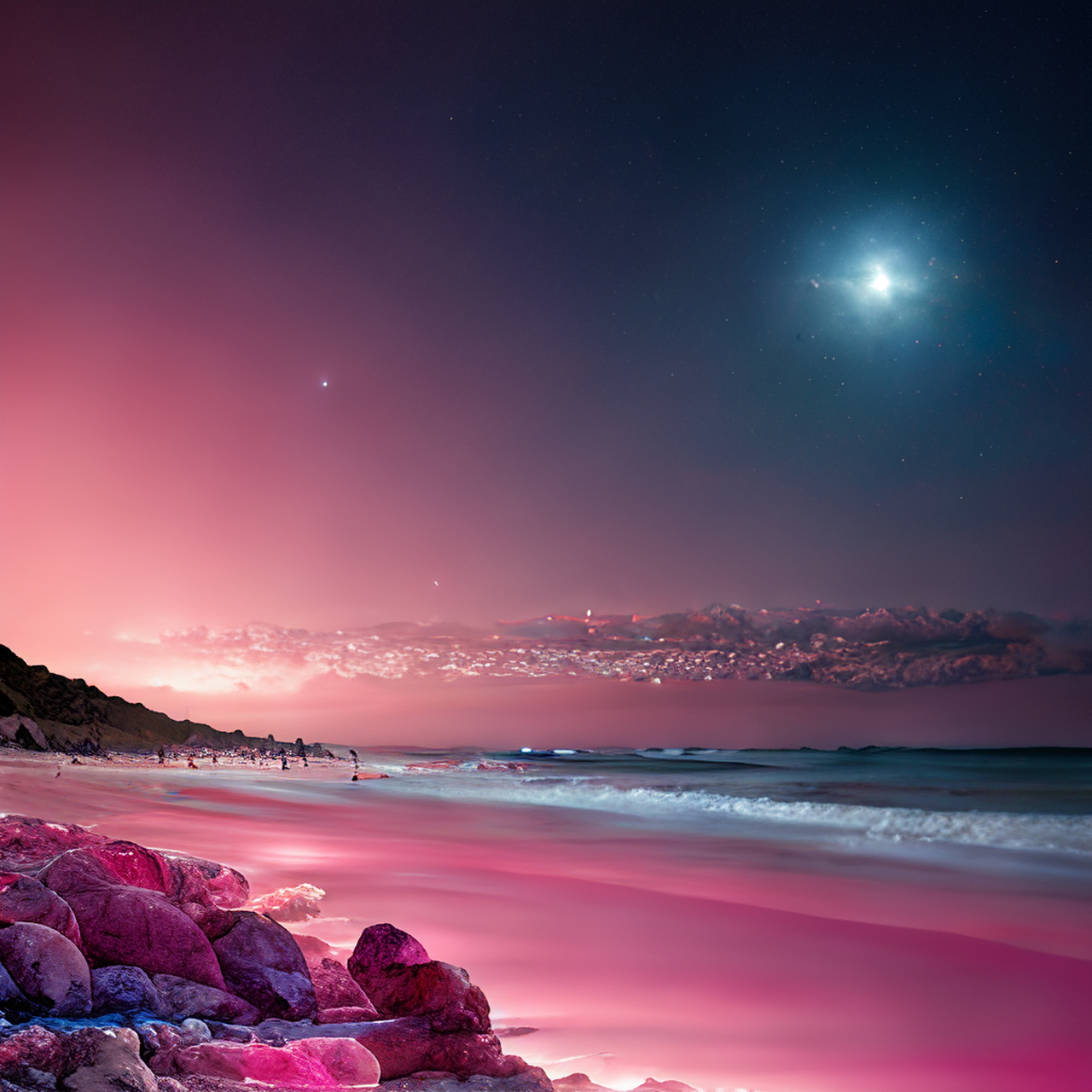 夜晚,天空和海滩,堆积着粉色的大石头,醇厚饱满,清澈透明,光滑透明