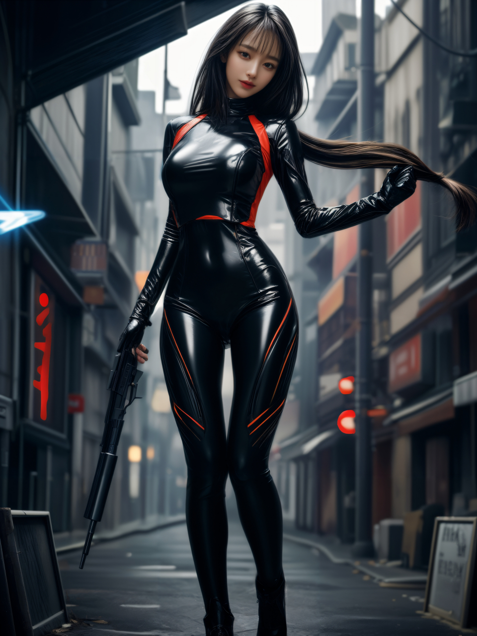 ai美女图片#每日ai美女秀	赛博朋克小姐姐披着一件黑色的夜行者斗篷