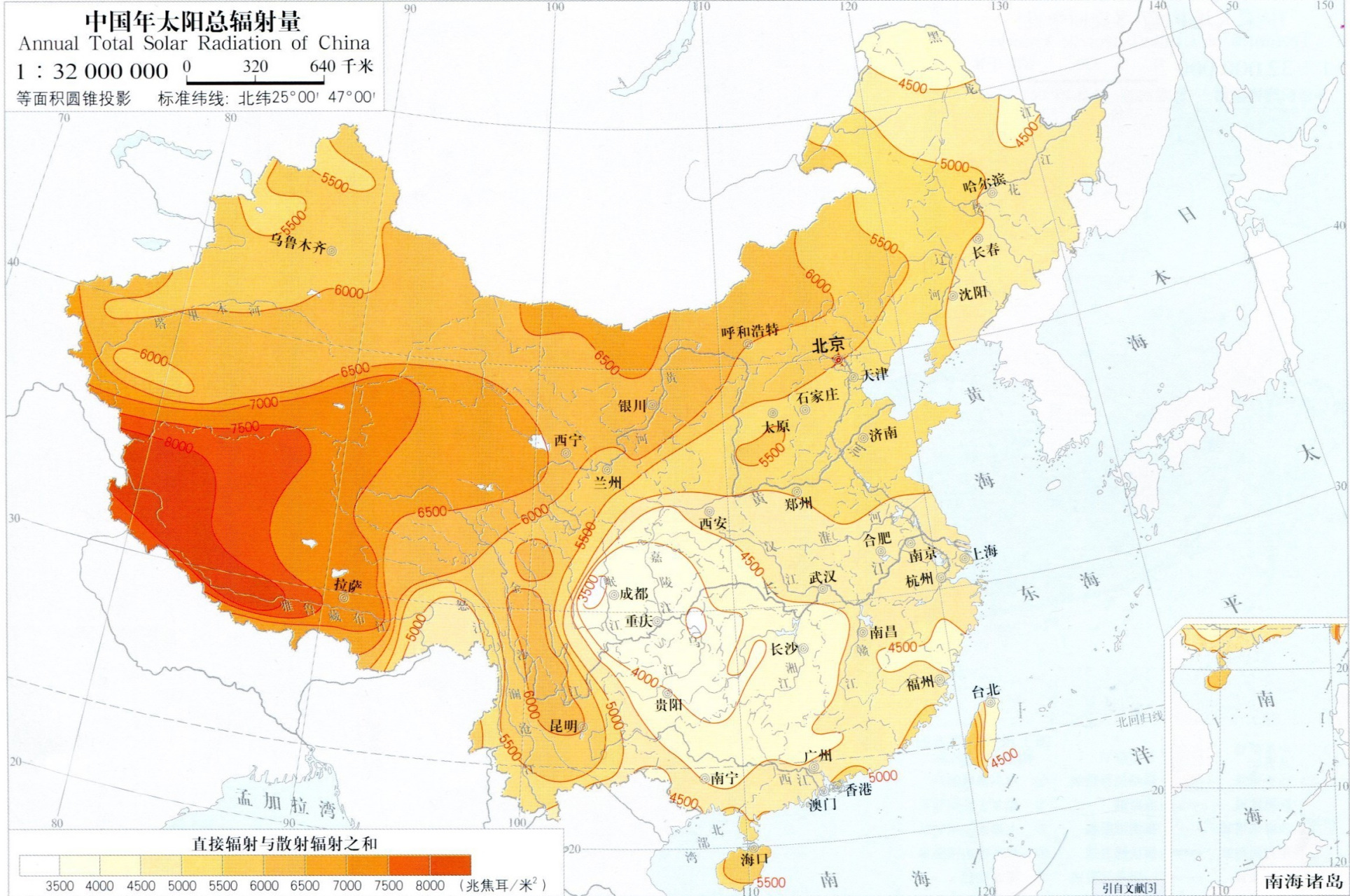 中国年太阳辐射总量分布图