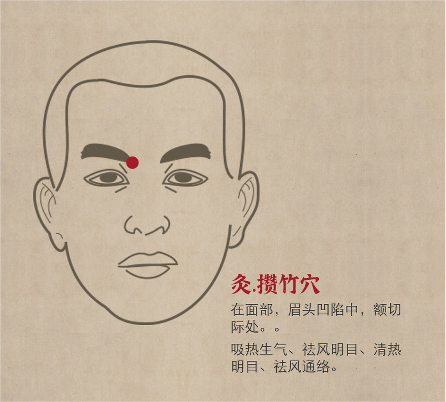 攒竹穴有吸热生气,祛风明目,祛风通络的功效和作用.