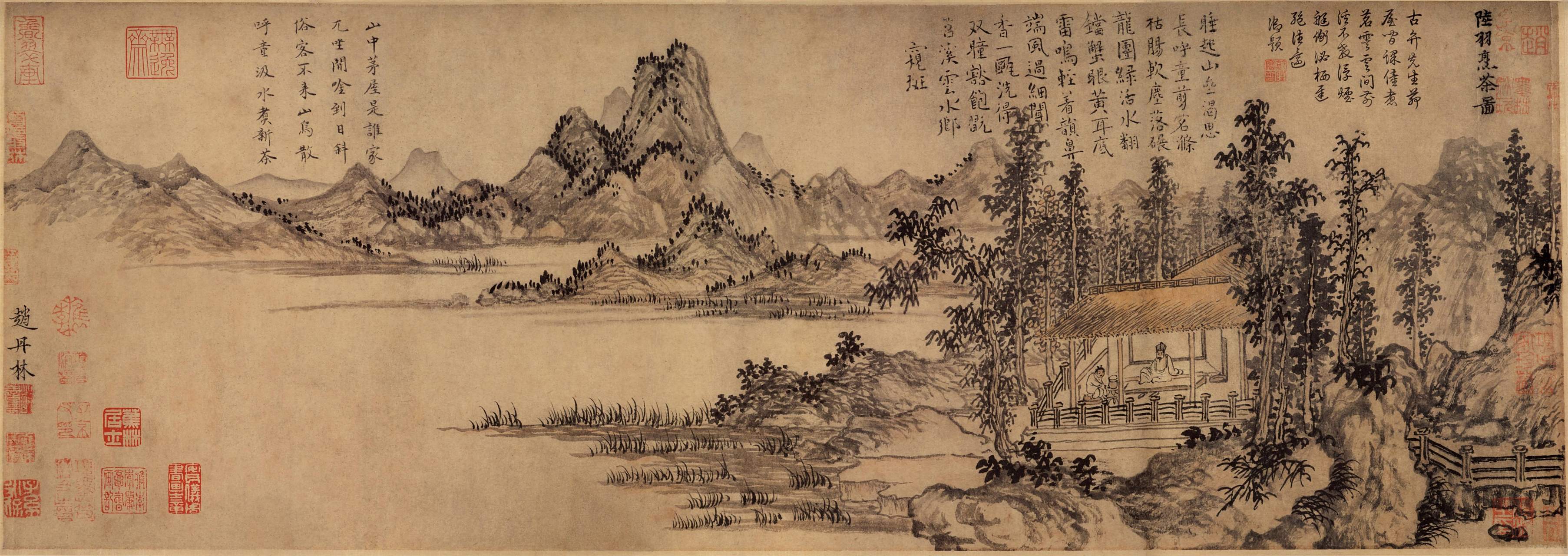 北京故宫博物院馆藏国画-元代 赵原《陆羽烹茶图》 《陆羽烹茶图》是
