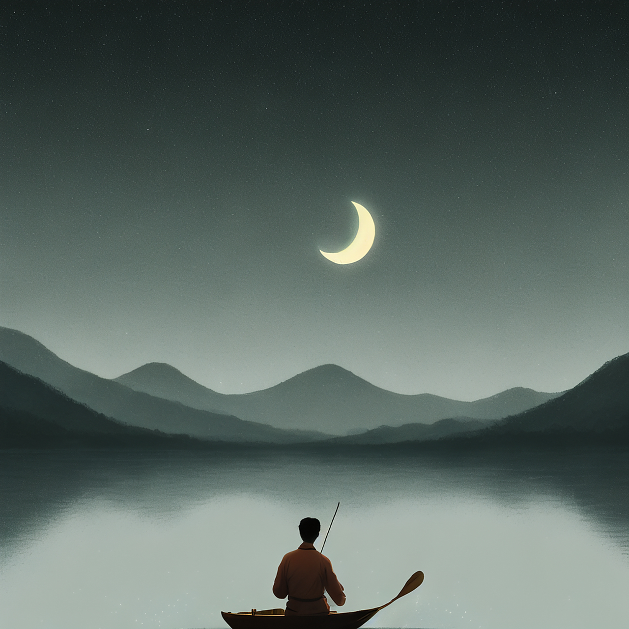 长夜漫漫,寂寥无人迹,扁舟孤灯,独自泛舟.