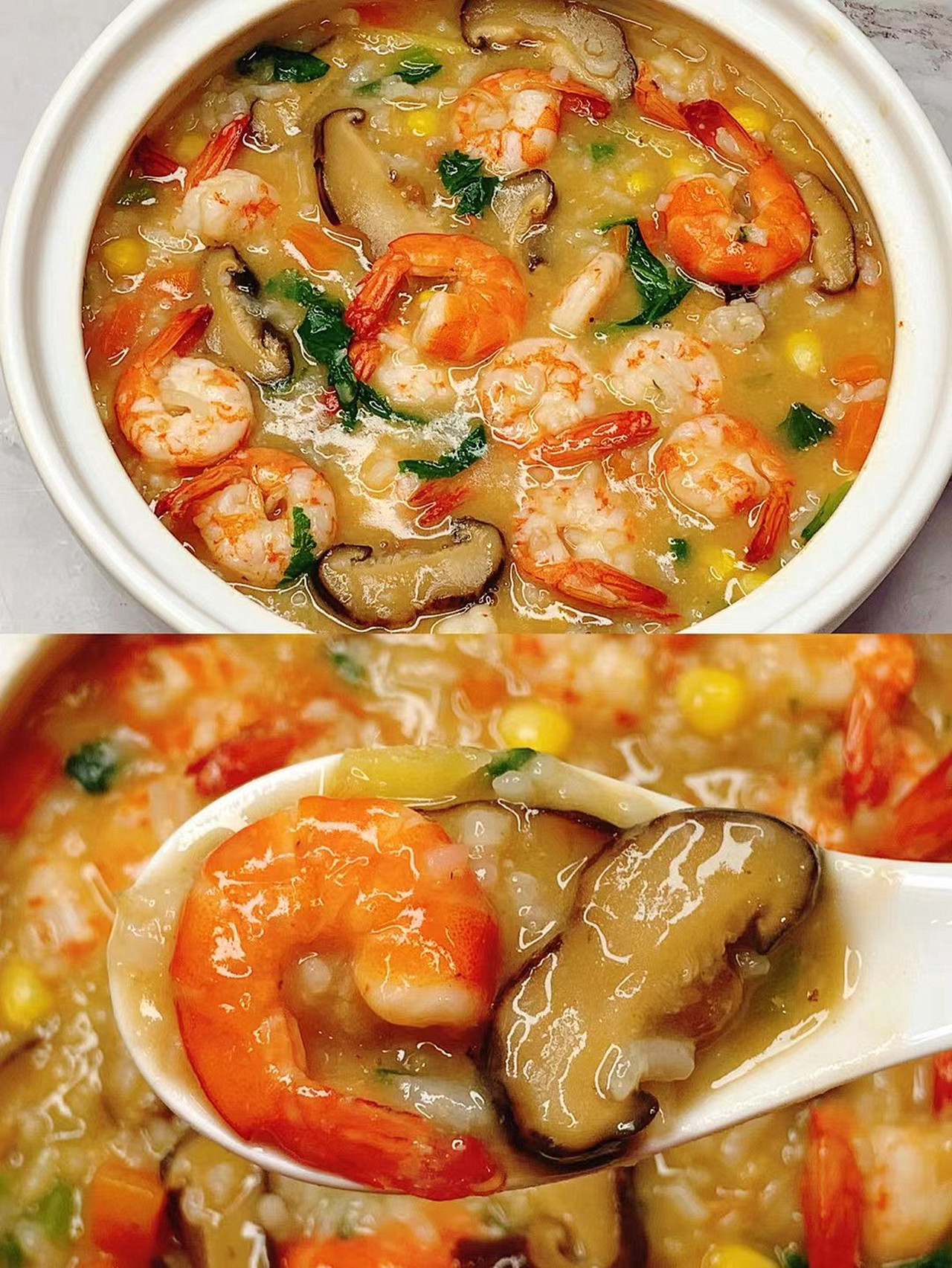 材料鲜虾半斤大米半杯干香菇四朵青菜适量胡萝卜半根适量玉米