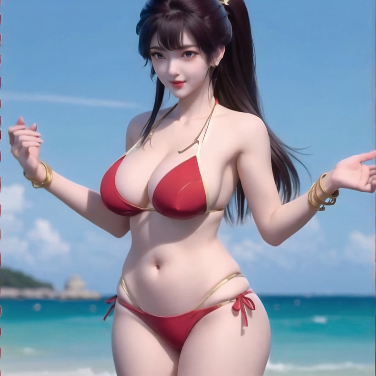 在阳光明媚的海滩上,有一位甜美,丰满的美少女,她身着比基尼,展现出活