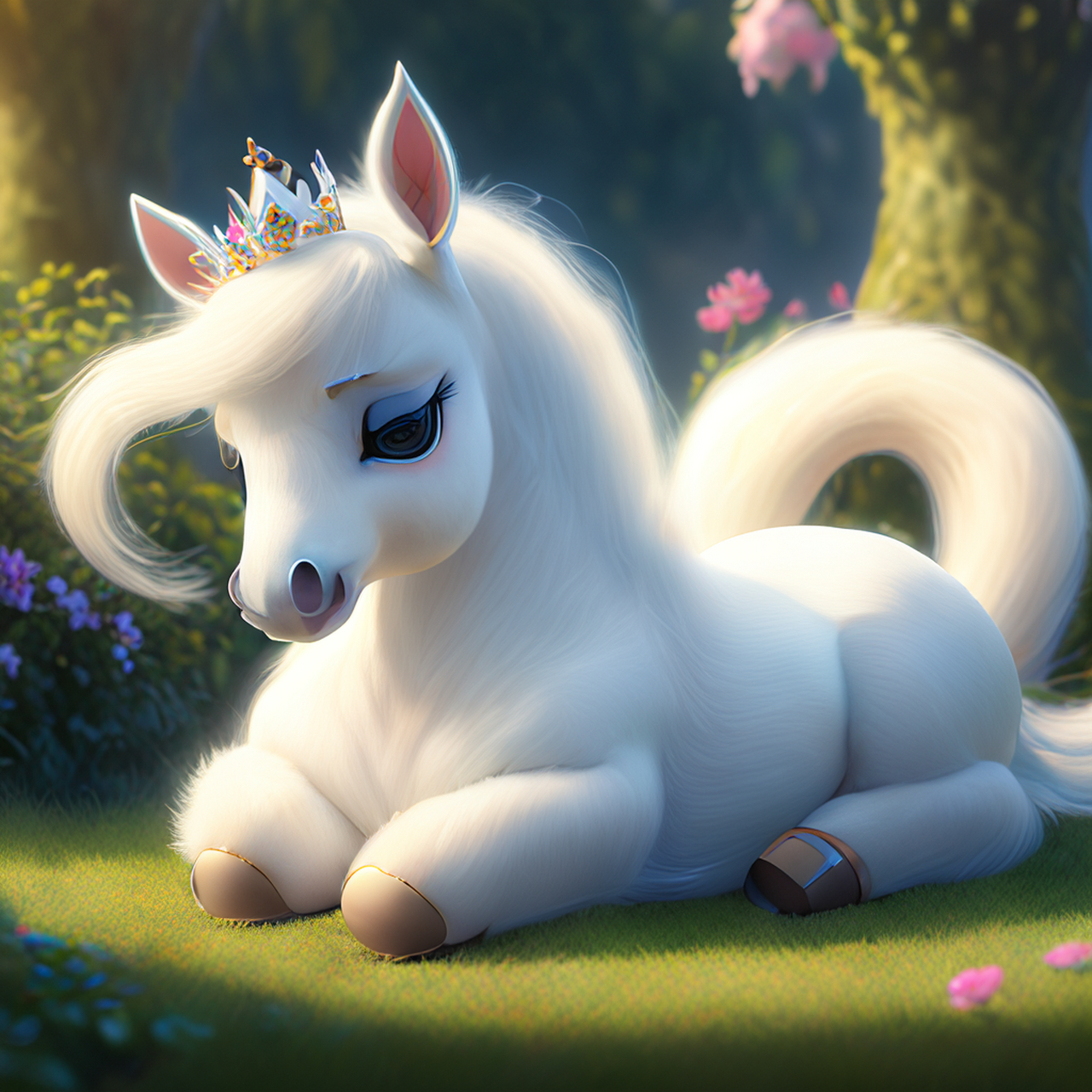 可爱的白宝宝马打扮成白雪女王,有九条尾巴,皮克斯风格,拟人化,睡在