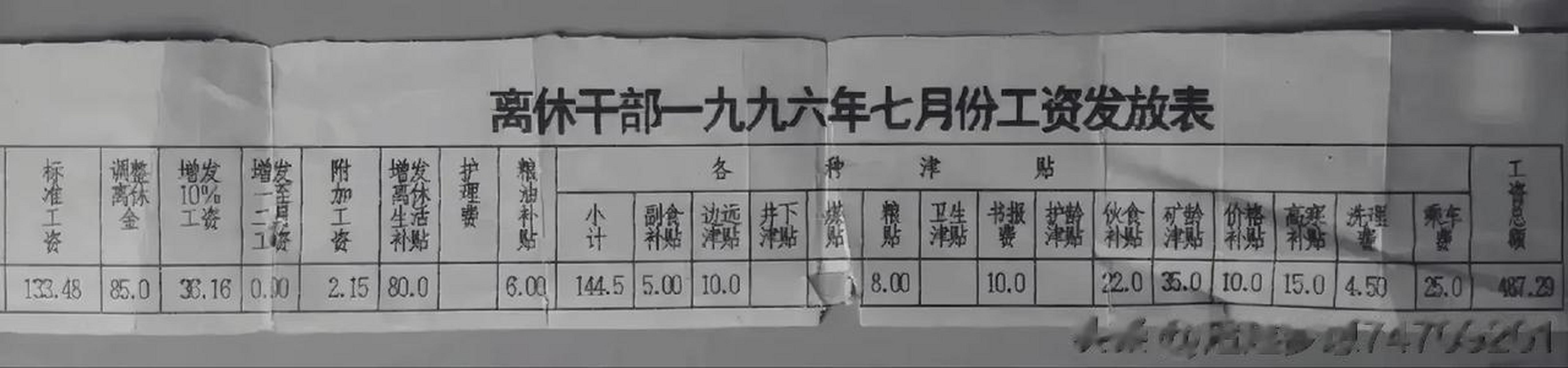 一位退休老干部1996年的工资发放表, 标准工资133