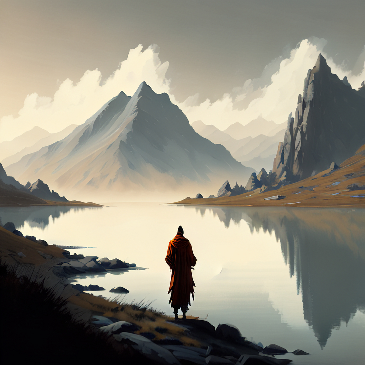 湖边山影里,静景与僧分.宁谧,明净,意境#百度ai绘图黑科技#