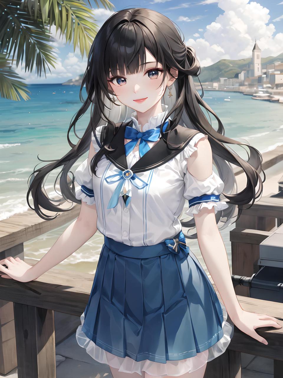 海边萝莉风格的二次元小姐姐,身穿洁白色衬衫和浅蓝色短裙,她的青春