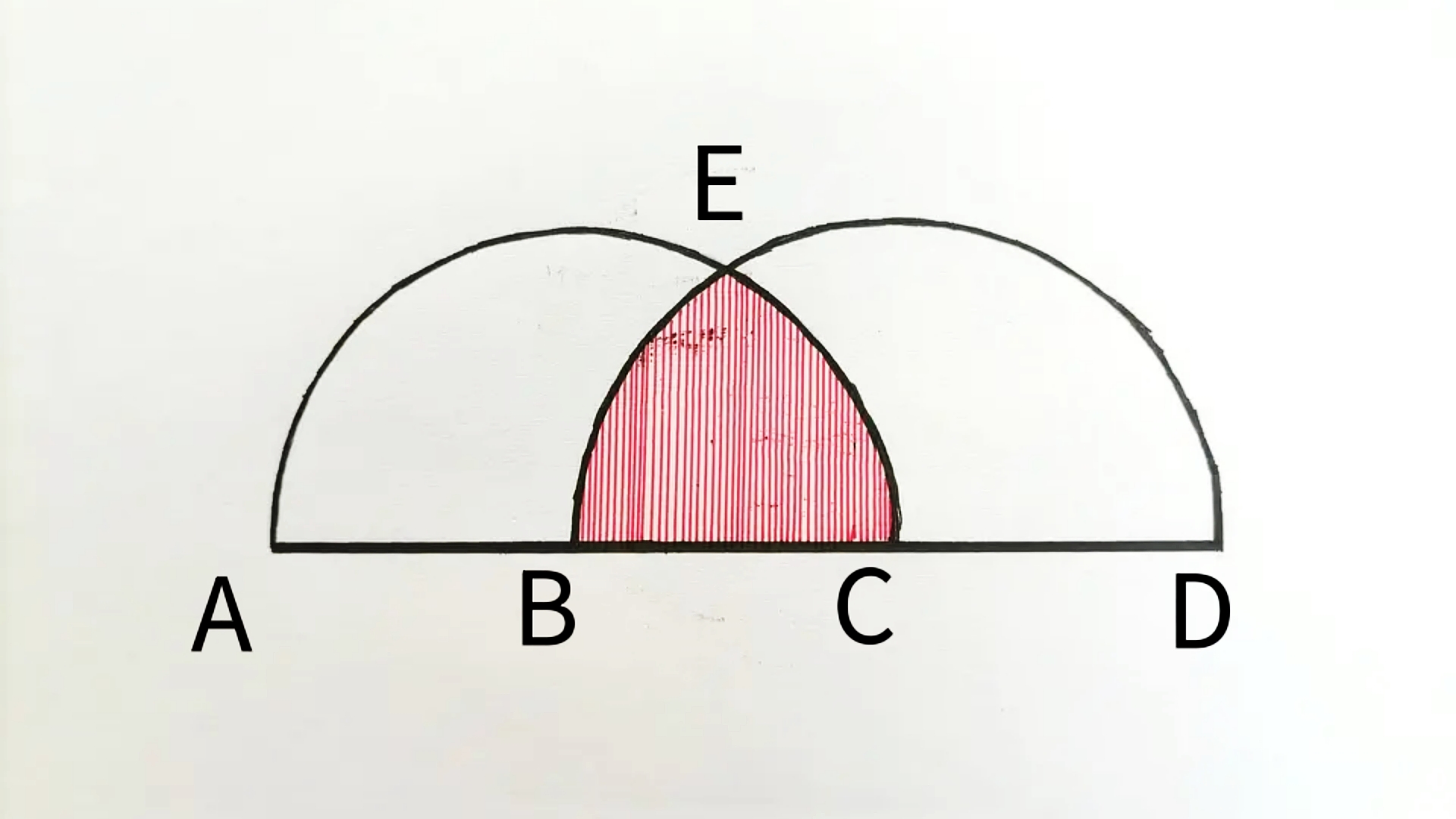 题目:如图,是以b,c为圆心的两个半圆,半径都是1厘米,圆弧相交于e,求