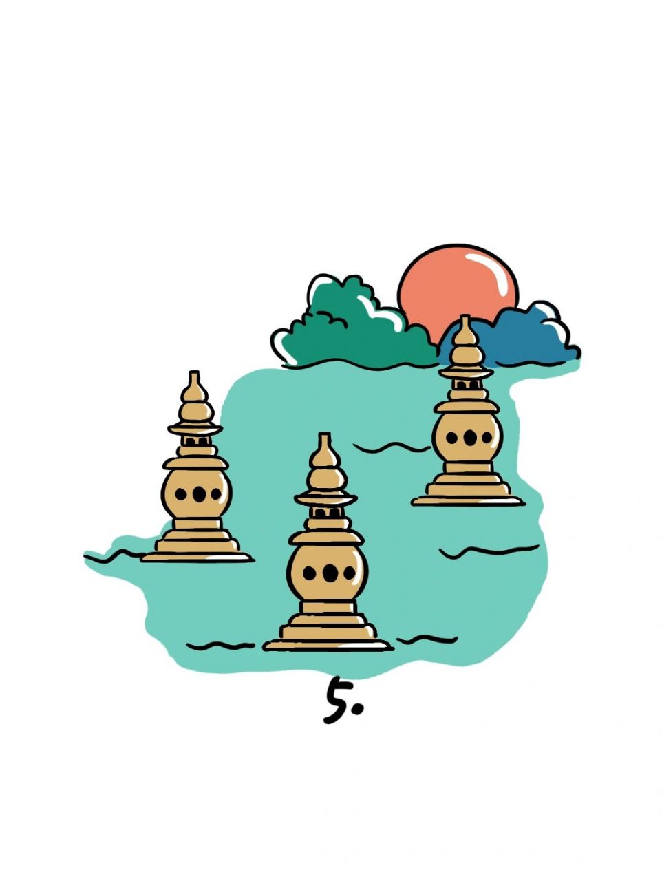 如何画杭州三潭印月?|地标建筑简笔画29