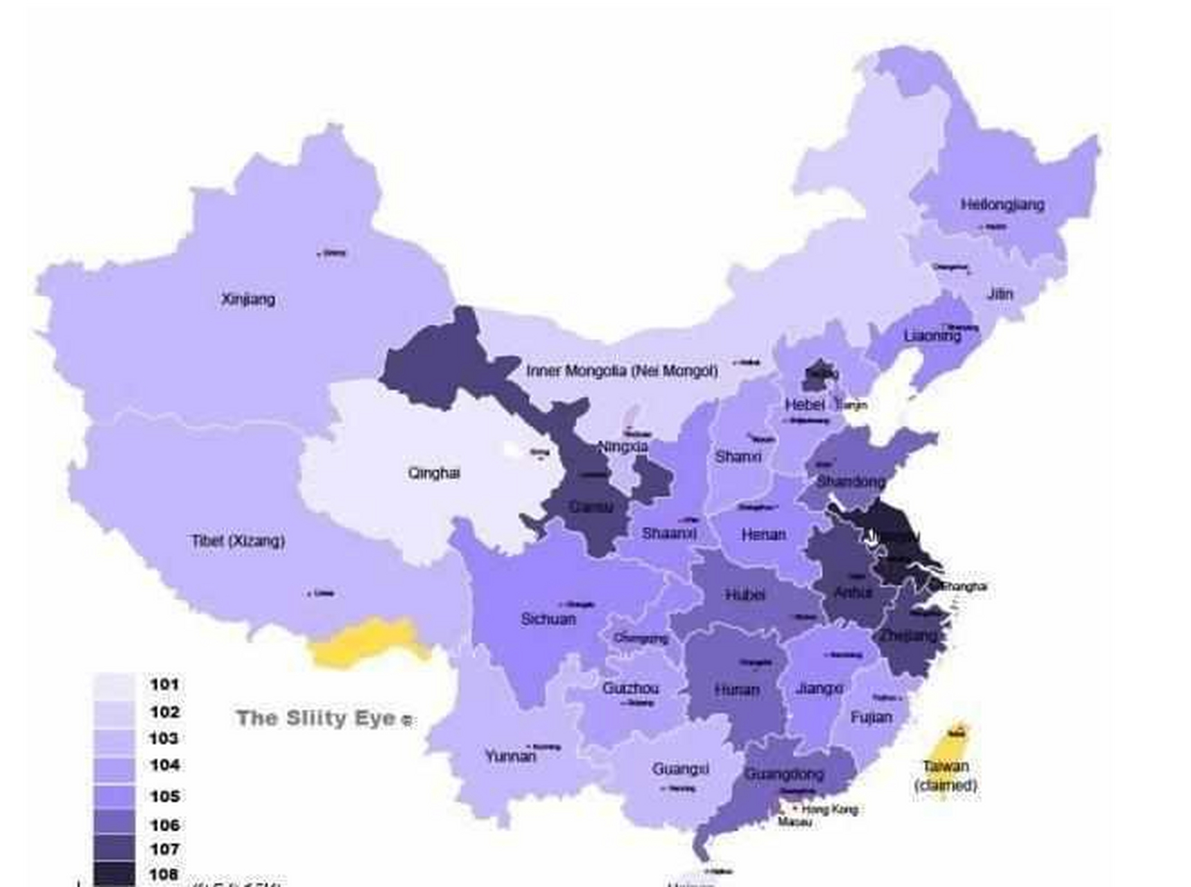 中国各省智商分布:  108分:江苏,上海  107分:浙江,甘肃,安徽,北京