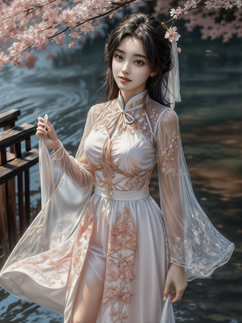 ai美女图片#每日ai美女秀	小姐姐身穿蓝色丝绸汉服,站在一座半圆形的