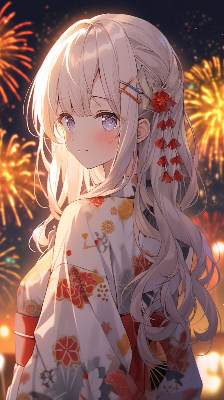 夏日祭典, 少女, 和服, 烟花 #mj# #ai绘画# #壁纸# #动漫壁纸# #手机