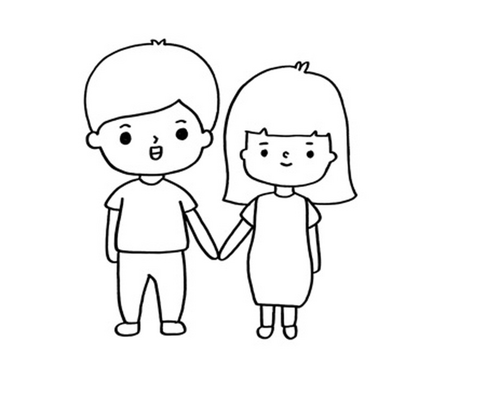 情侣卡通简笔画很好学啊 首先在画面中画一个小男孩,在小男孩旁边画上