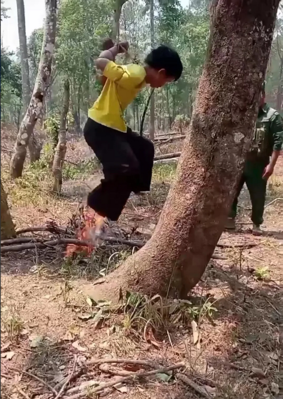 缅北碳烤活人刑罚,男子疑似电信诈骗人员.
