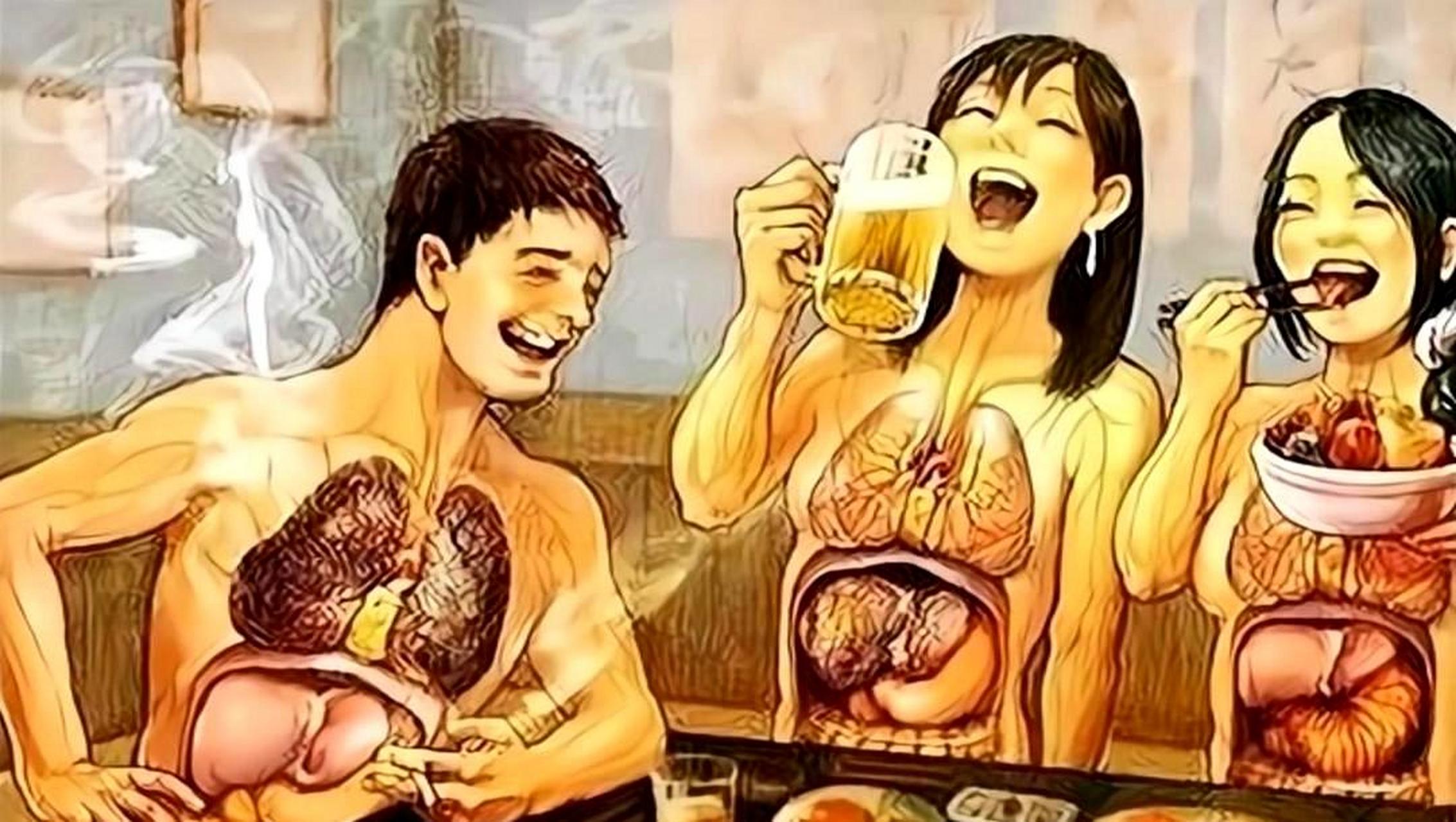 这张图告诉我们,当我们胡吃海喝时应该注意健康饮食.