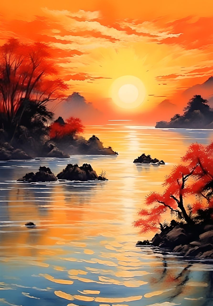 夕阳西下照江波,水面倒映晚霞多,#古风##中国画