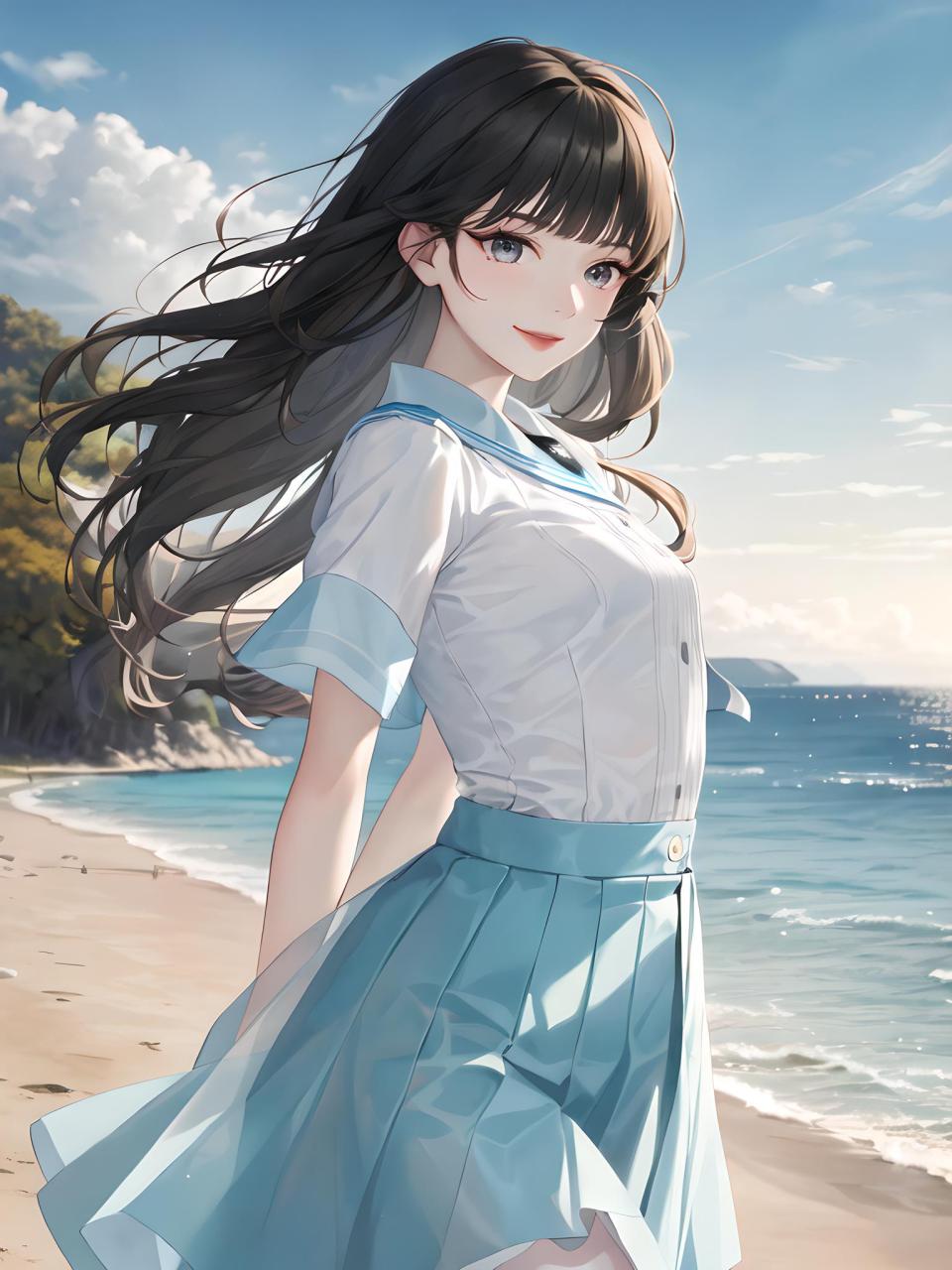 身穿洁白色衬衫和浅蓝色短裙,她的青春美丽像阳光一样温暖而灿烂,散发