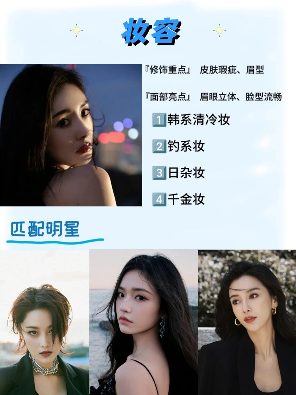 心形脸变美思路 特征:整个面部像一个倒三角,上宽下窄,下巴尖.