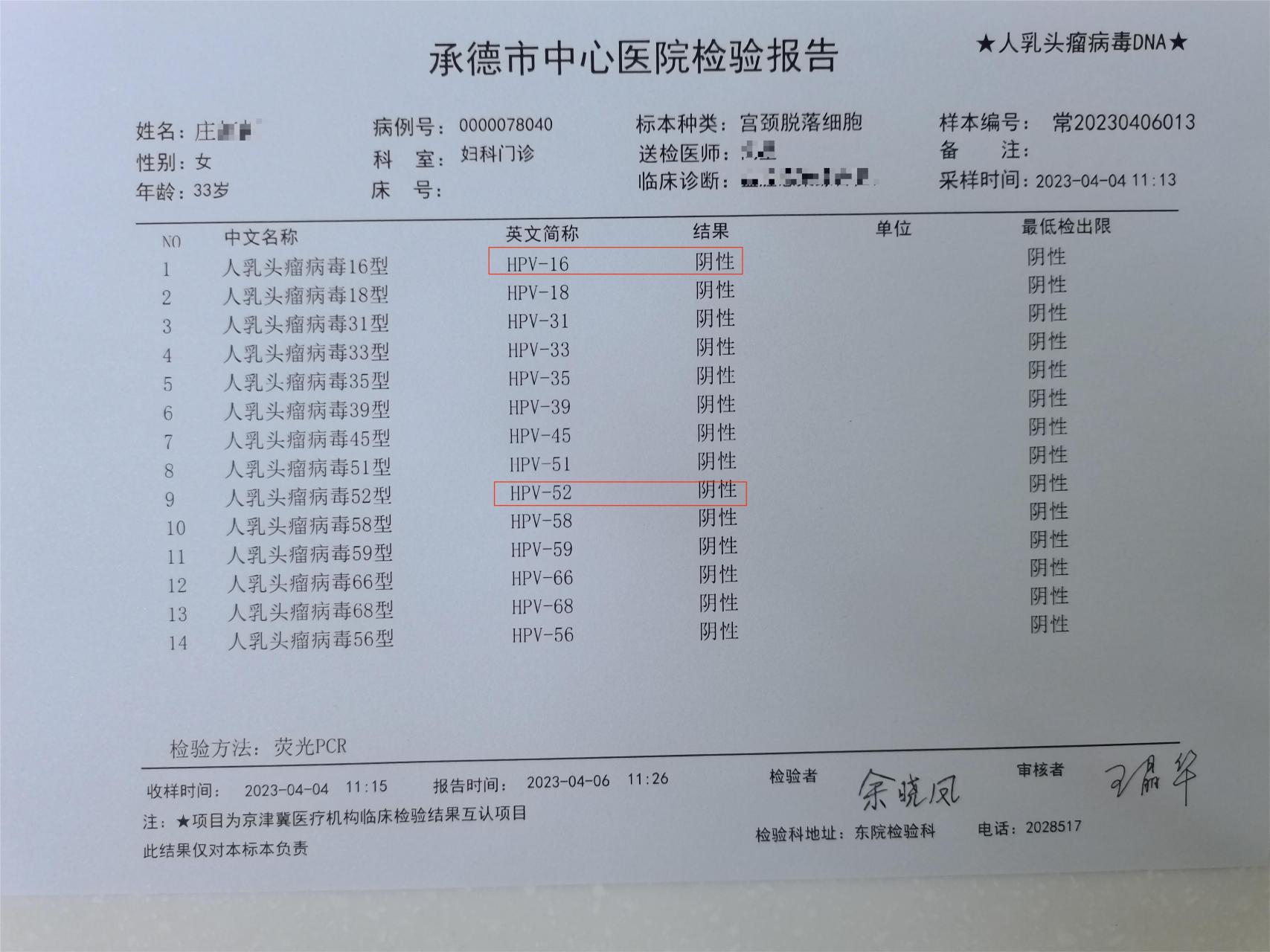 庄女士是因为分泌物有血丝进而去进行检查,发现的hpv16和52型感染,在