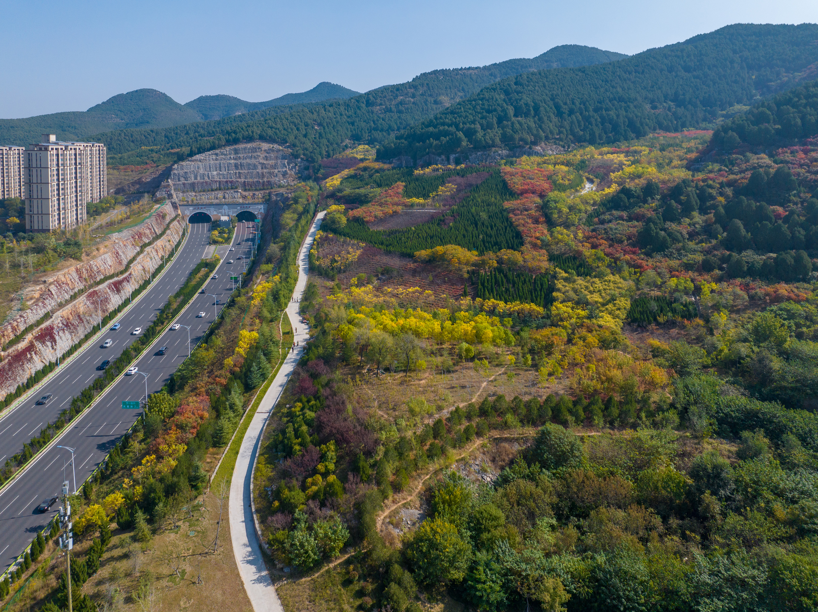 我的旅行日记# 航拍济南扁石山山体公园秋色,山坡上五彩斑斓美如画卷