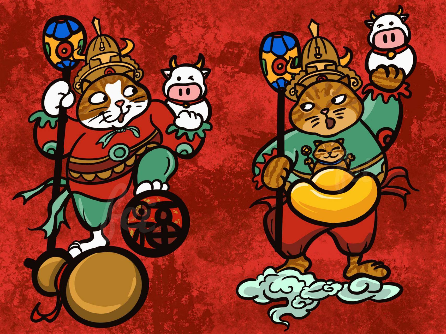 门神贴·福 实鼠不易·牛转乾坤 平安喜乐·牛年大吉 今年门神贴照旧