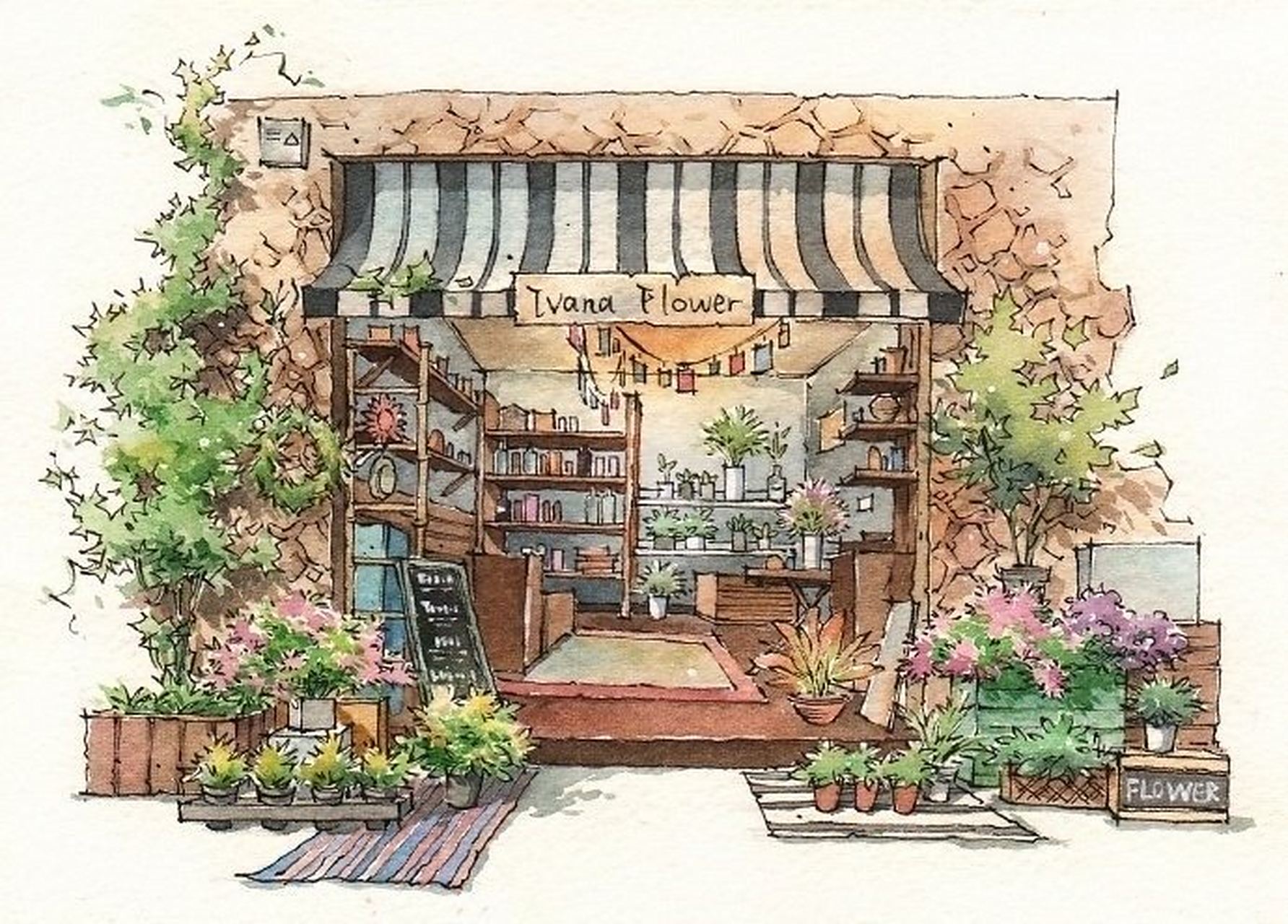 一组治愈系水彩街边小店 yalta_馥杨 #水彩画# #治愈系水彩画# #绘画