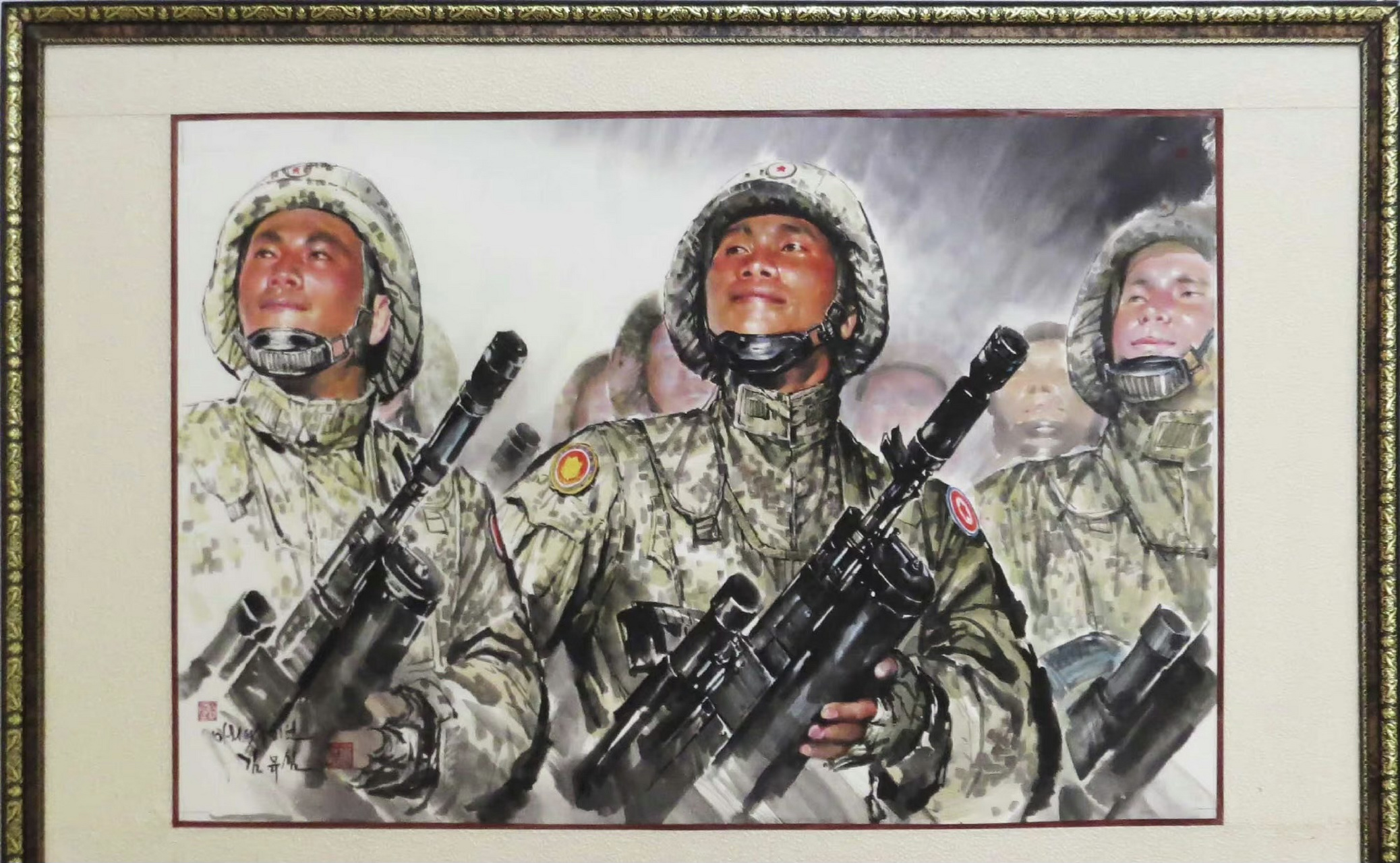 朝鲜人民艺术家的油画作品中,不少是描绘人民军战士的美术作品.
