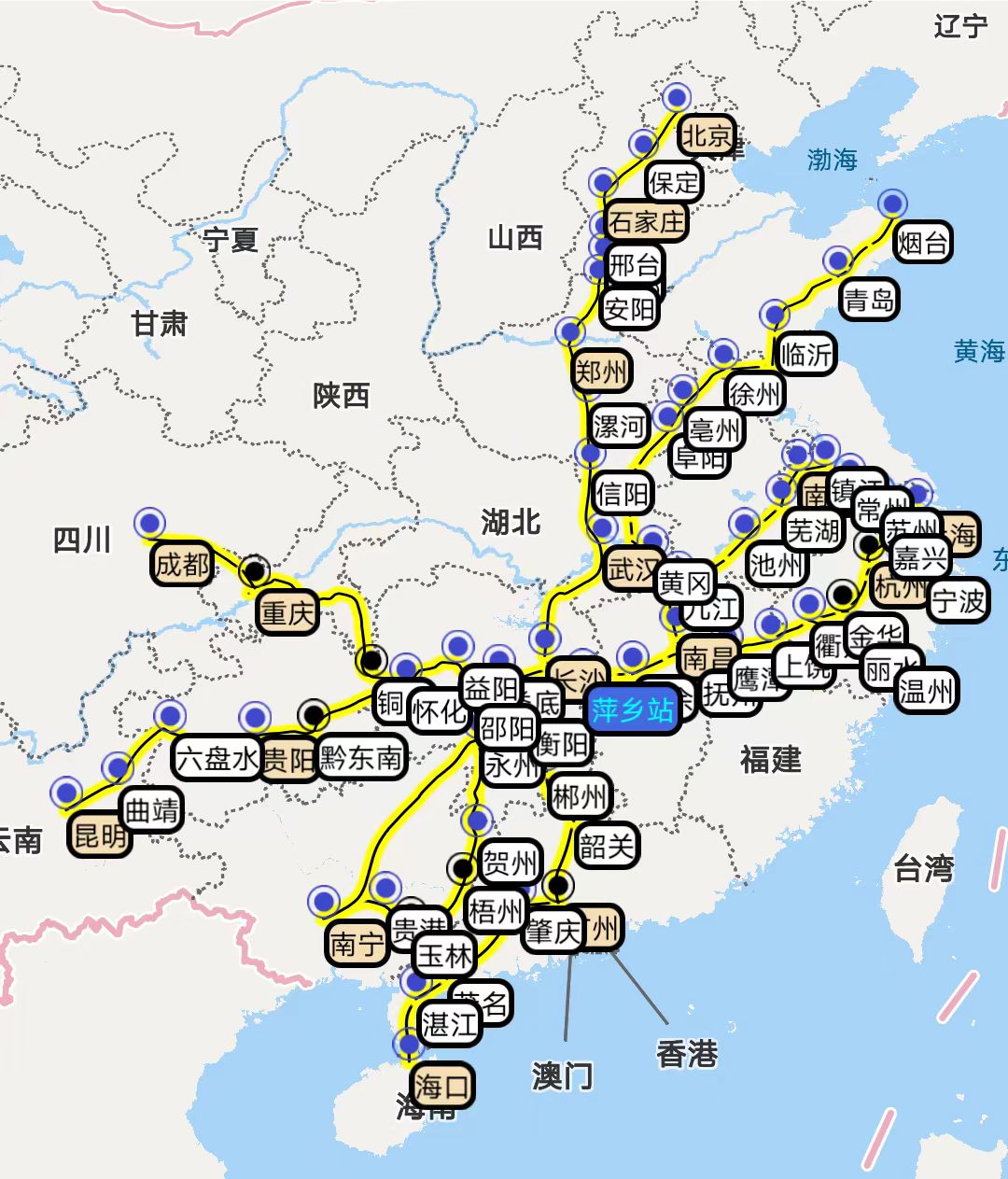 萍乡铁路到达范围 萍乡站:为一等站,站台规模本站台1座,岛式站台1座