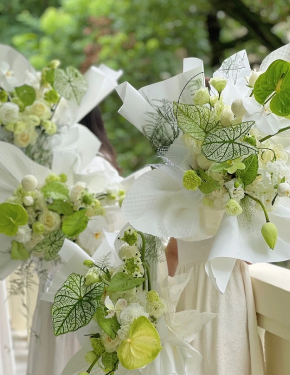 白绿色现代风花束,这个配色真的是太舒服了 白绿色系的花束,给人一种
