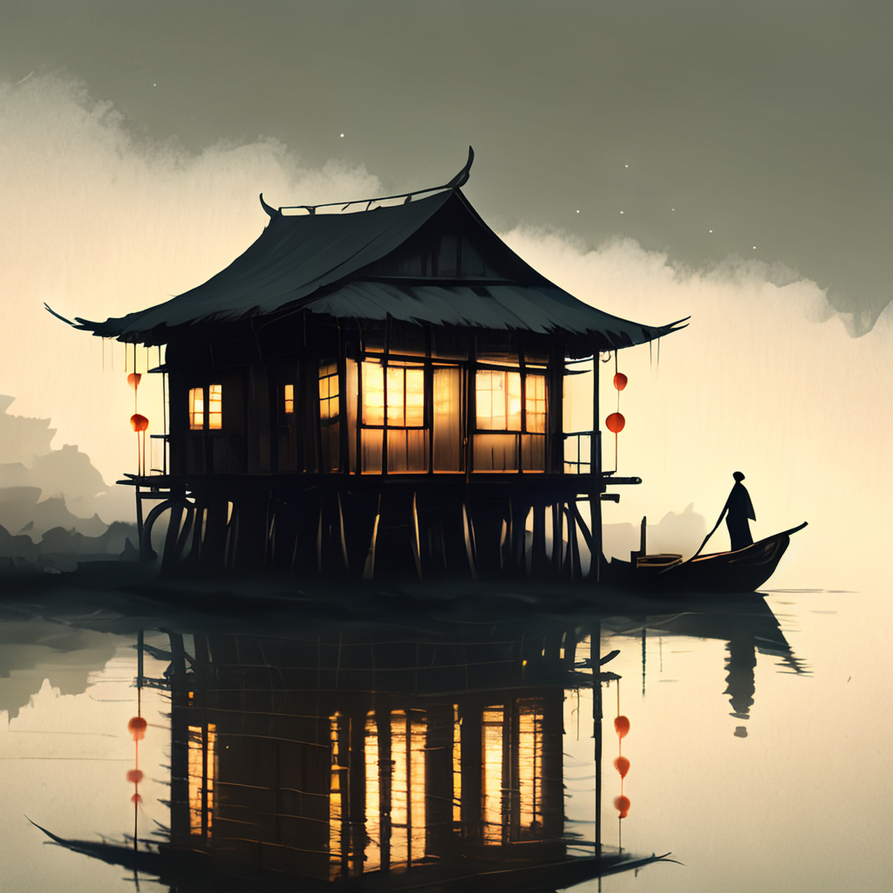 古风绘画,中国风,描绘古诗词,古典美.夜半江风吹竹屋,起挑寒灯怜影独.