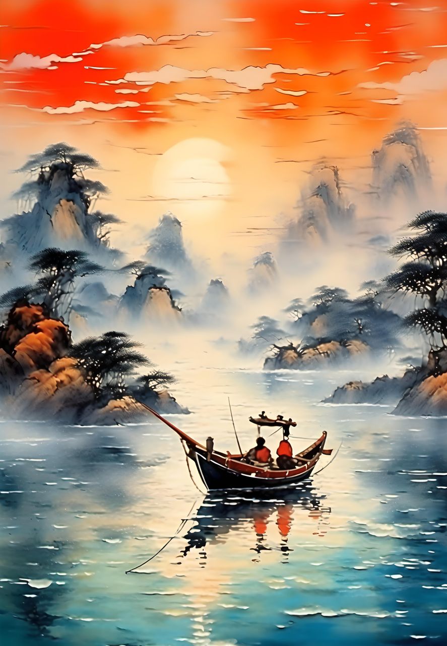 渔舟归去人不见,只留寂寞满江河,#古风##中国画##图片##中国山水画