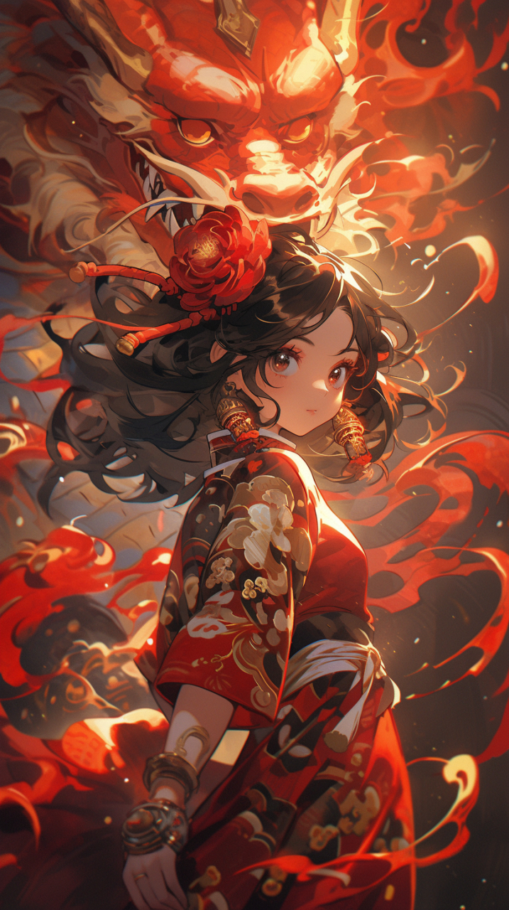 古风# #小姐姐# #手机壁纸# #帅姐姐# 红衣娟娟拂流云, 龙影婀娜舞